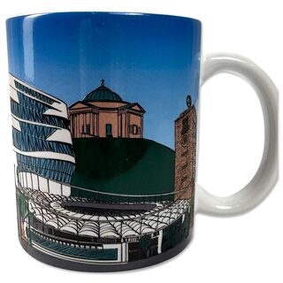 Tasse mit Grafiken von Stuttgarter Sehenswürdigkeiten und VfB Wappen 