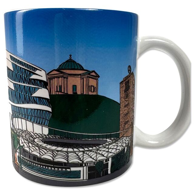 Tasse mit Grafiken von Stuttgarter Sehenswürdigkeiten und VfB Wappen 