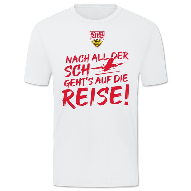 weißes T-Shirt mit VfB Wappen und roter Aufschrift Nach all der Sch**** geht's auf die Reise