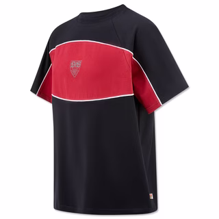 schwarz-rotes T-Shirt im 2000er Style mit VfB Wappen in der Mitte