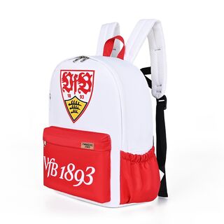 Weißer Rucksack mit großem VfB Wappen und roten Taschen mit Schriftzug VfB 1893 