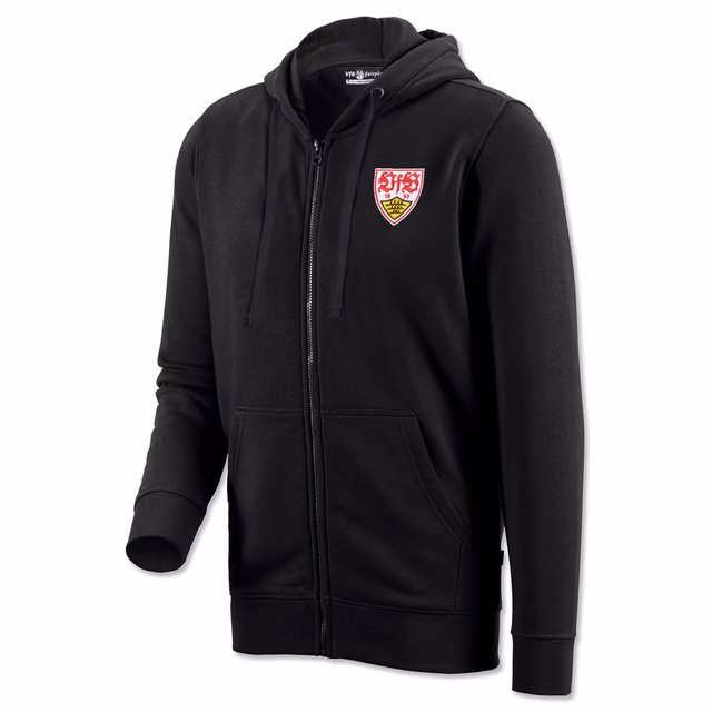 schwarze Sweatjacke mit Reissverschluss mit VfB Wappen auf der Brust