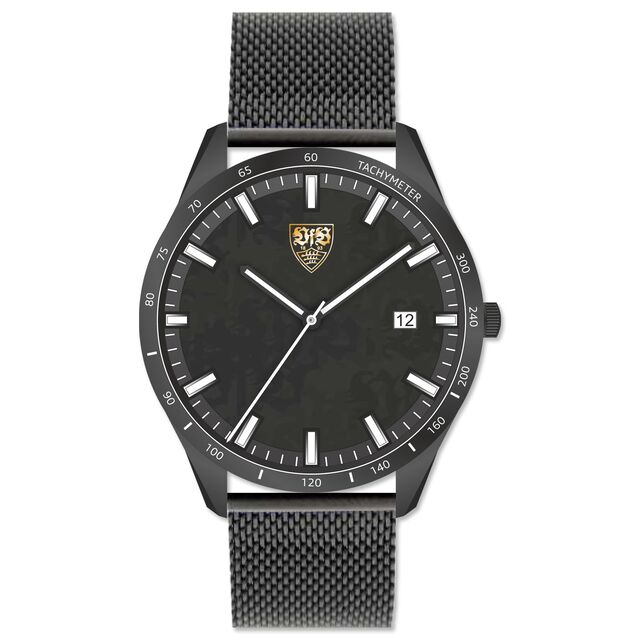 schwarze Uhr mit Tachymeter, Datumsangabe und goldenem VfB Wappen auf dem Ziffernblatt