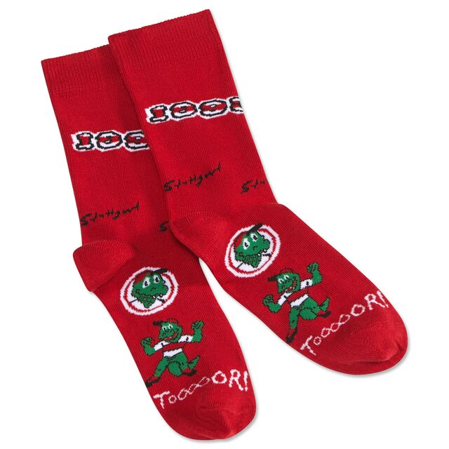 Socken in rot mit Fritzle Motiven und Schriftzug Stuttgart, Tor und 1893 