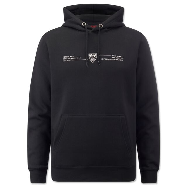 schwarzer Hoodie mit Kängurutaschen, VfB Wappen und kleiner Aufschrift Verein für Bewegungsspiele Stuttgart, eine Stadt ein Verein Achtzehnhundertdreiundneunzig