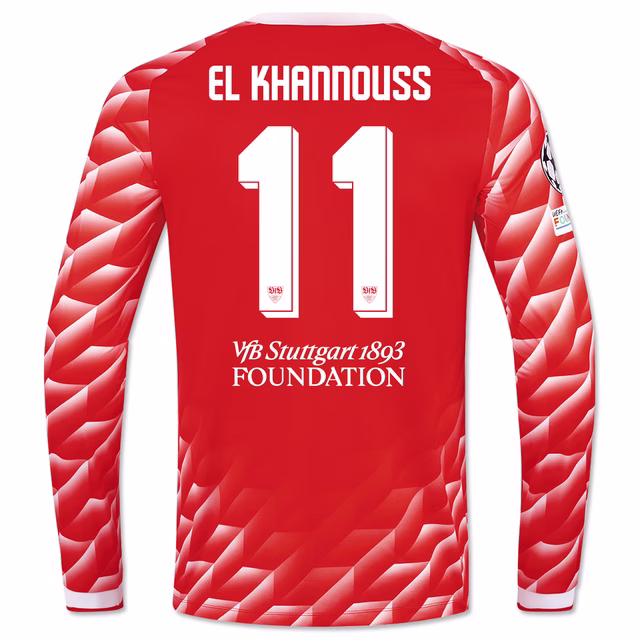 Rückseite des langärmeligen, roten Auswärtstrikots CL, beflockt mit El Khannouss 11, VfB Stuttgart 1893 Foundation