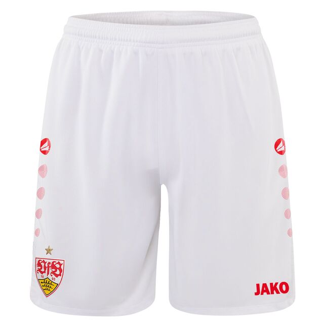weiße Shorts mit roten Elementen, dem VfB Wappen auf einem Bein und dem JAKO Schriftzug auf dem anderen Bein