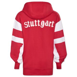 rot-weiße Rückseite des Hoodies mit Aufschrift Stuttgart