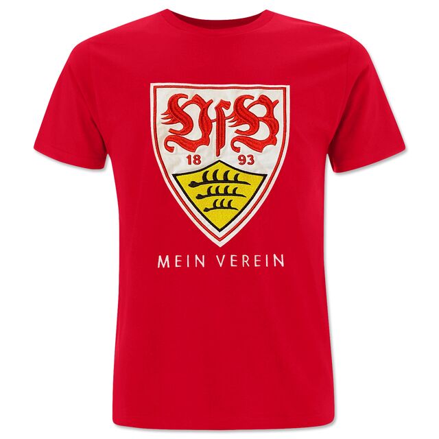 rotes T-Shirt mit  großem VfB Wappen in der Mitte und darunter dem Schriftzug Mein Verein 