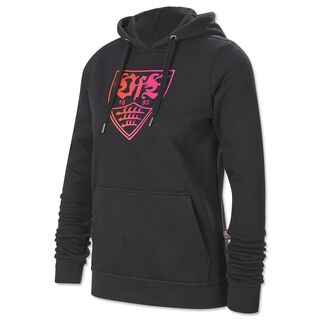 schwarzer Hoodie mit Damenschnitt mit Kängurutaschen und mit VfB Wappen mit rot-pinkem Farbverlauf