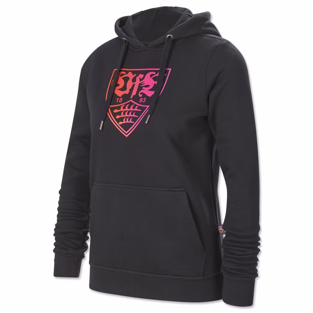schwarzer Hoodie mit Damenschnitt mit Kängurutaschen und mit VfB Wappen mit rot-pinkem Farbverlauf