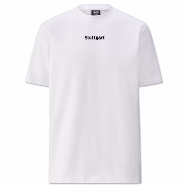 Weißes T-Shirt mit schwarzem Stuttgart Schriftzug 