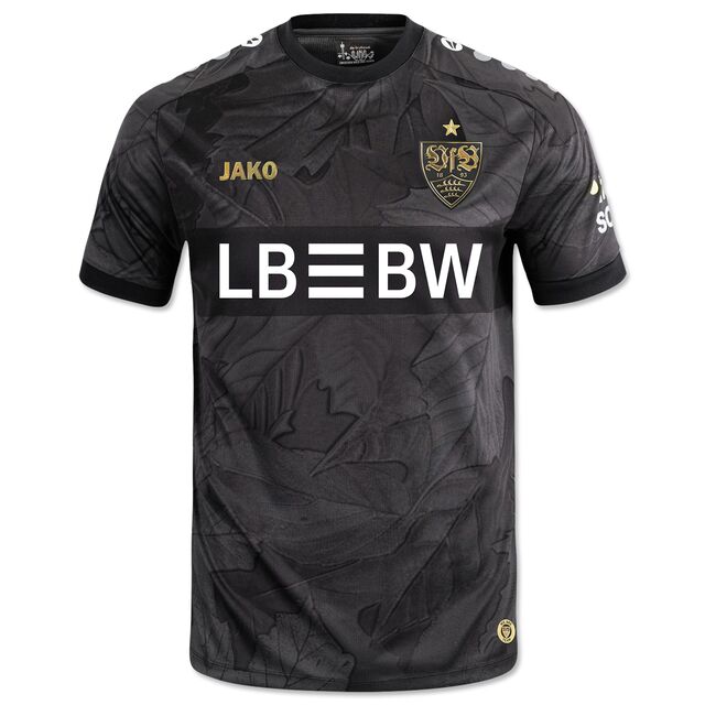 schwarzes Trikot mit Blatt Muster, goldenem VfB Wappen und JAKO Schriftzug sowie weißem LBBW Logo im Brustring