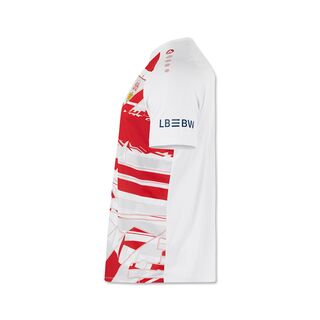 Seitenansicht des weiß-roten VfB Kids Warm-Up T-Shirts 25/26 mit LBBW auf dem Ärmel