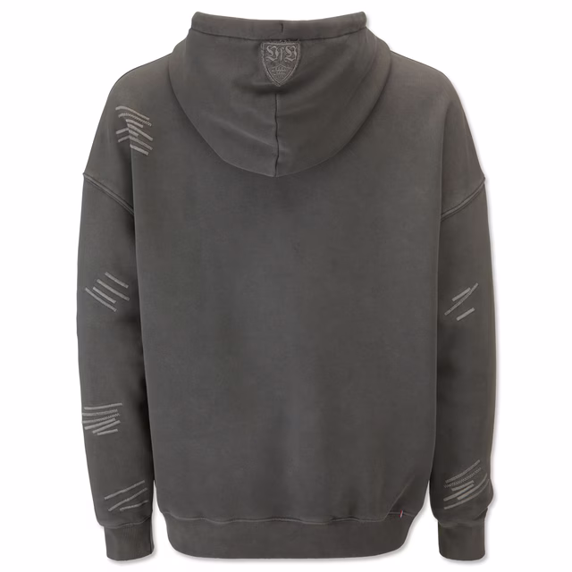 graue Rückseite des Hoodies mit weißen Streifen auf den Ärmeln und VfB Wappen auf der Kapuze