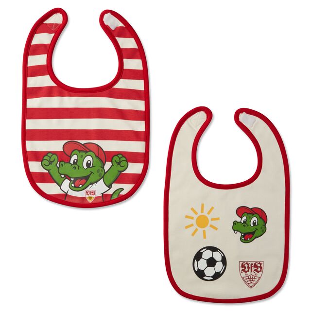 zwei verschiedene Lätzchen in VfB-Farben mit Fritzle Design