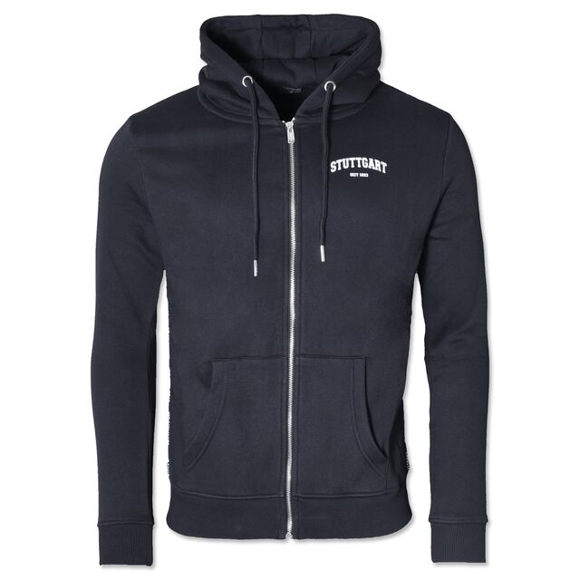 schwarze Sweatjacke mit Reißverschluss und Bändeln mit der Aufschrift Stuttgart seit 1893 auf der Brust