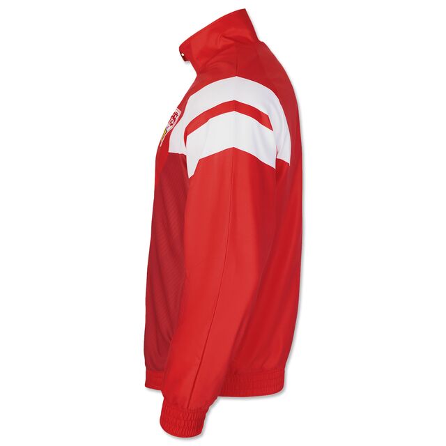 Seitenansicht der roten VfB JAKO Retro Jacke mit weißen Streifen auf der Schulter