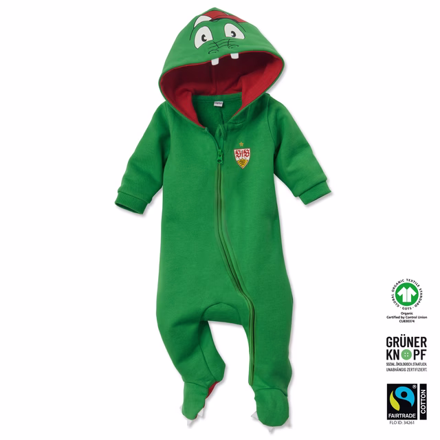grüner Strampler mit Krokodil Kapuze und Krokodil Füßen