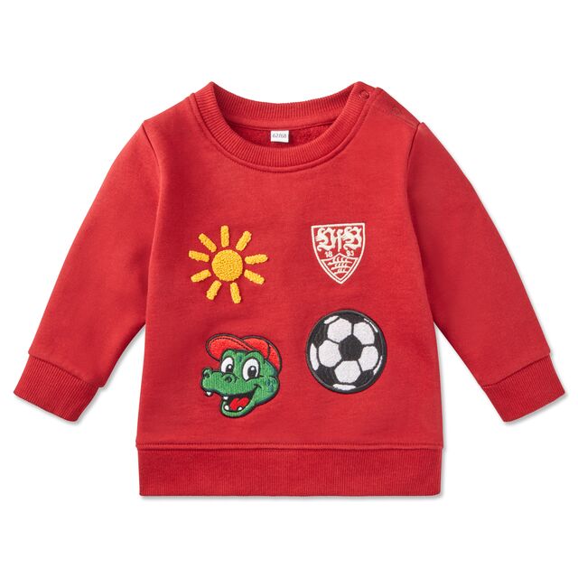 roter Babysweater mit Sonne, VfB Wappen, Fitzle und Fußball auf der Vorderseite