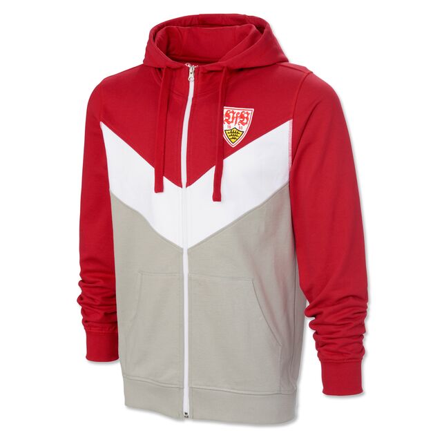 Sweatjacke im Rot, Beige und Weiß mit Kängurutaschen und VfB Wappen auf der Brust