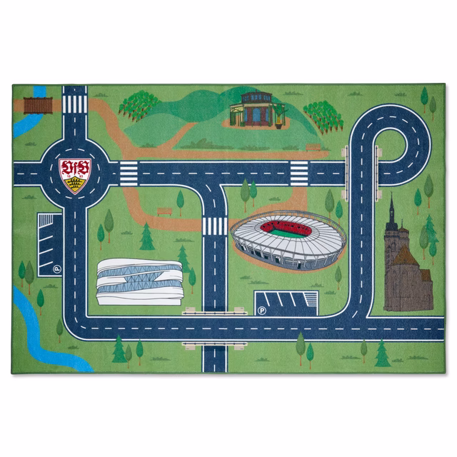 Spieleteppich mit Wahrzeichen der Stadt Stuttgart inklusive Stadion und VfB Wappen 