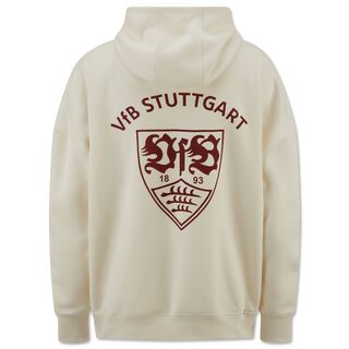 beigefarbene Rückseite des Hoodies mit großem roten VfB Wappen und der Aufschrift VfB Stuttgart
