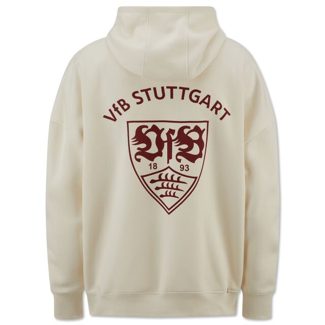 beigefarbene Rückseite des Hoodies mit großem roten VfB Wappen und der Aufschrift VfB Stuttgart