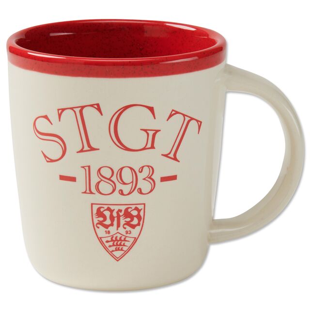 weiße Tasse mit rotem oberen Rand und der Aufschrift STGT 1893