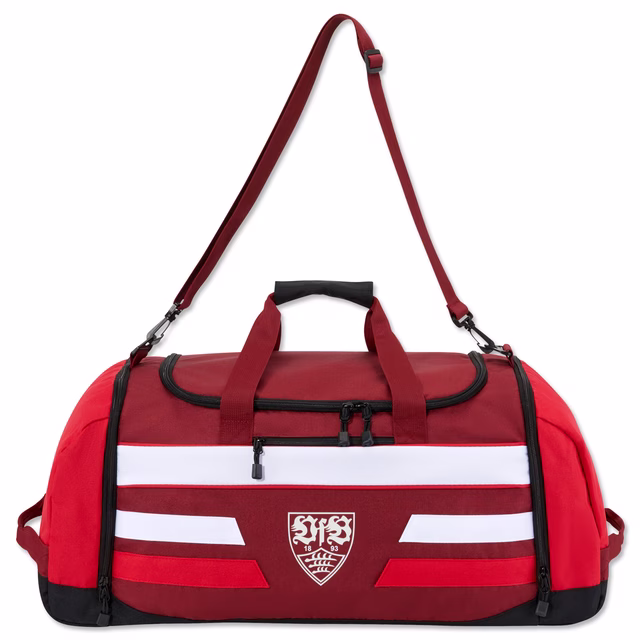 rot-weiße Sporttasche im Retro-Stil mit VfB Wappen und Schriftzug Stuttgart an der Seite 