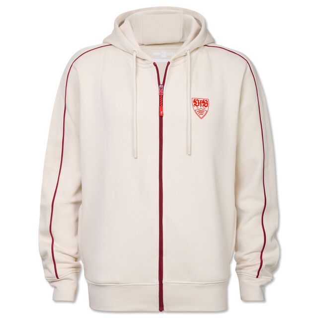 beigefarbene Sweatjacke mit roten Linien und VfB Wappen auf dem Ärmel