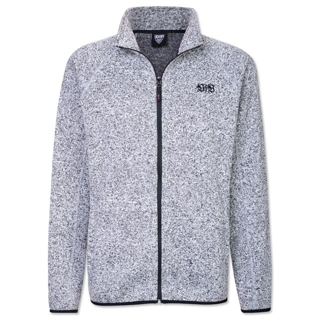 schwarz-weiße Jacke mit Reißverschluss und VfB Logo auf der Brust
