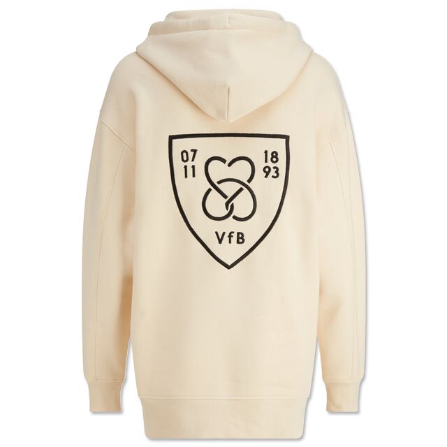beigefarbene Rückseite des Hoodies mit schwarzem Zusammenhalt Symbol und der Aufschrift 0711, 1893 und VfB