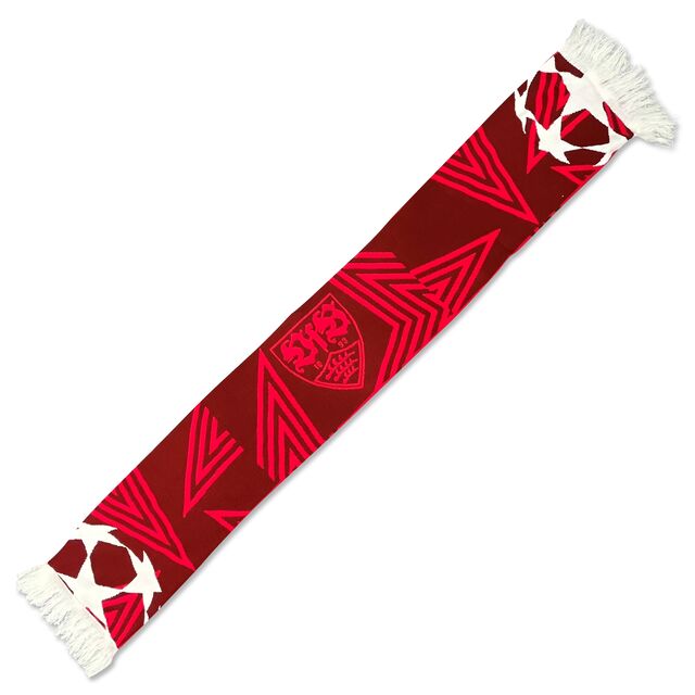 roter Schal mit Champions League Bällen, Sternen und dem VfB Wappen