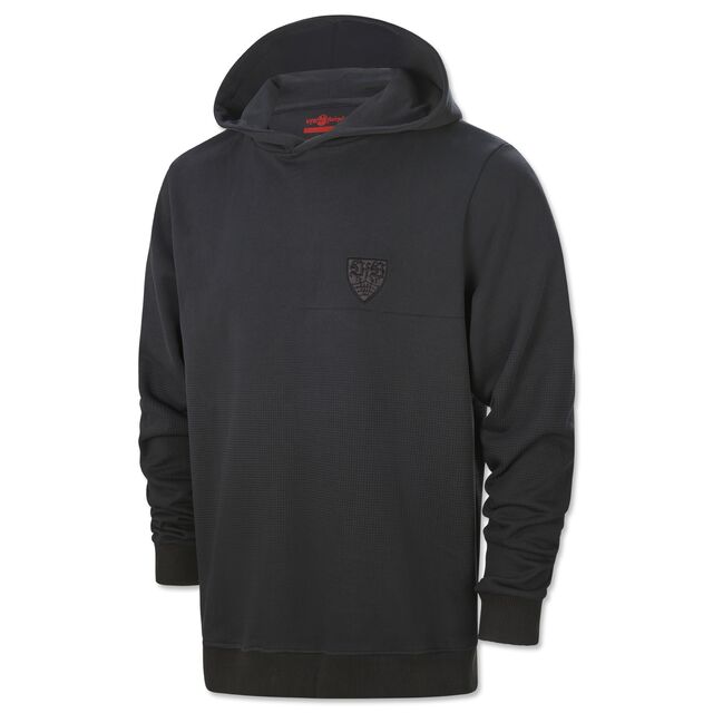 dunkelgrauer Hoodie mit kleinem grauen VfB Wappen auf der Vorderseite