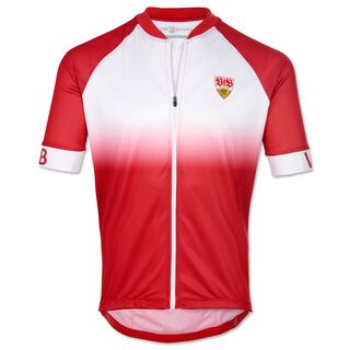 weiß-rotes Fahrradtrikot mit VfB Wappen auf der Brust und der Aufschrift VfB auf den Ärmeln