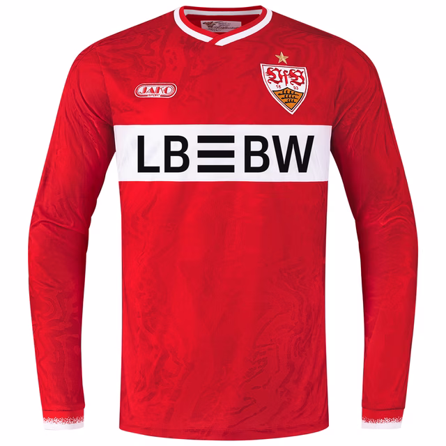 rotes, langärmeliges Trikot mit weißem Brustring, JAKO Logo und VfB Wappen auf der Brust