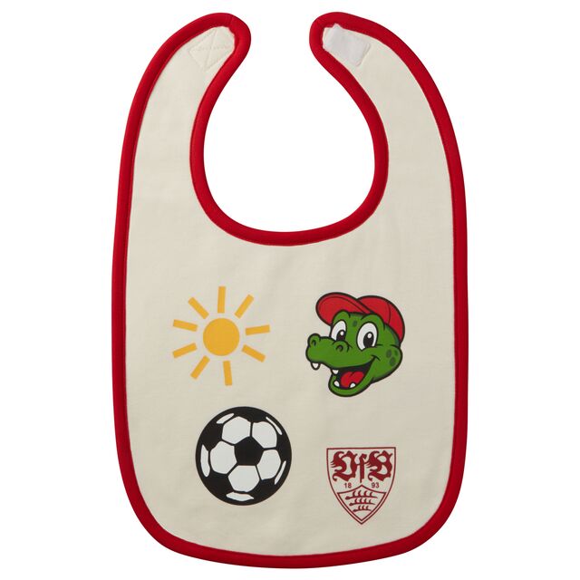 Lätzchen mit abgebildeten Grafiken von Fritzle, Fußball, Sonne und VfB Wappen