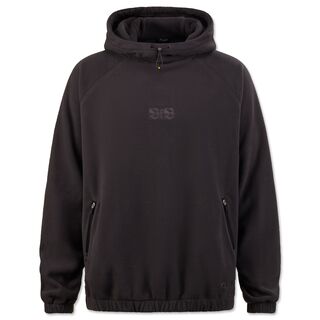 schwarzer Fleece Hoodie mit kleinem schwarzen VfB Schriftzug in der Mitte und mit zwei Seitentaschen