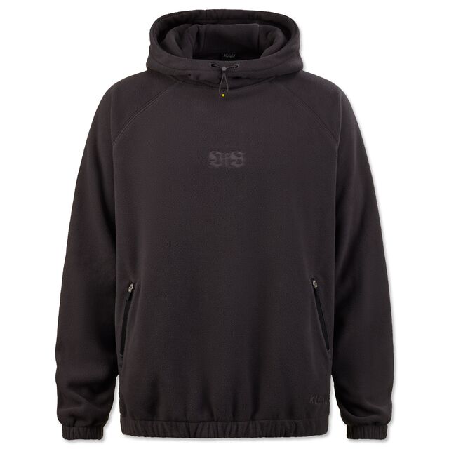 schwarzer Fleece Hoodie mit kleinem schwarzen VfB Schriftzug in der Mitte und mit zwei Seitentaschen