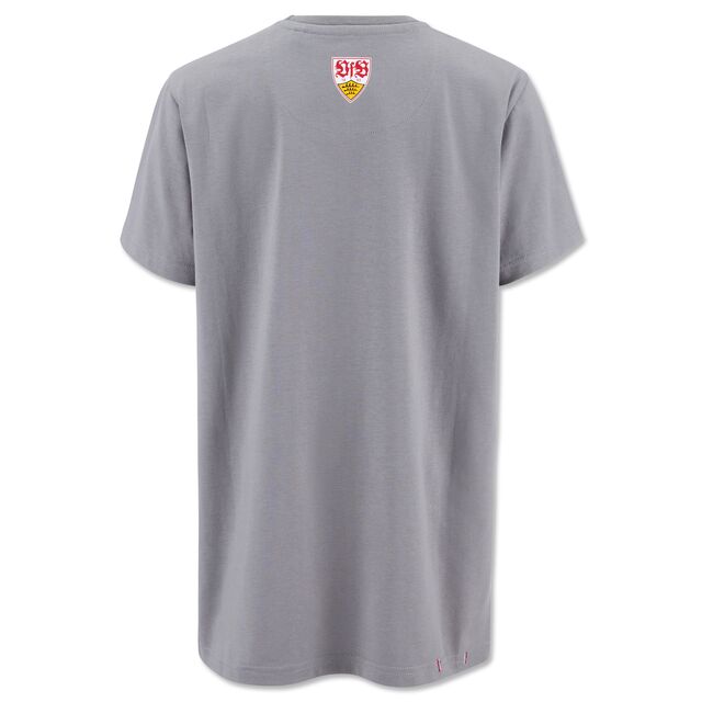 graue Rückseite des T-Shirts mit kleinem VfB Wappen im Nacken