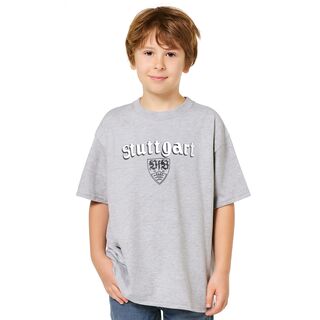 Kids T-Shirt in hellgrau mit weißem Stuttgart Schriftzug und schwarzem VfB Wappen 
