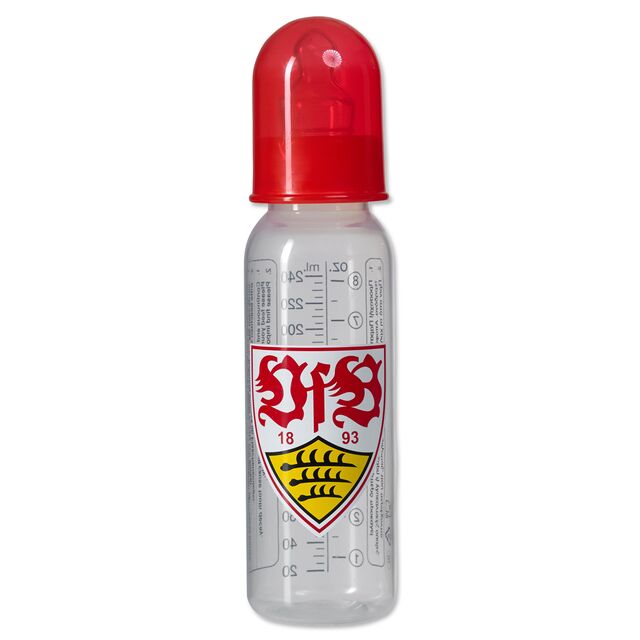 Babyflasche mit VfB Wappen und rotem Deckel