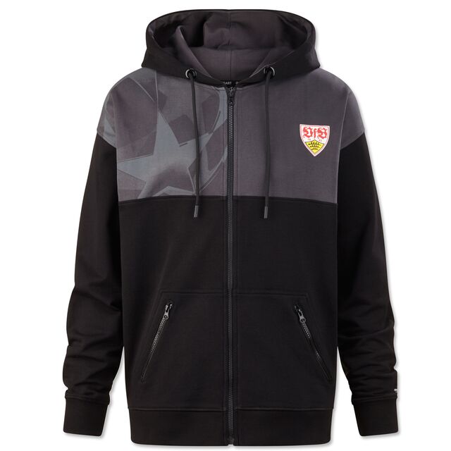 oversized Zip-Hoodie in Grau und Schwarz mit Champions League Ball und VfB Wappen auf der Brust