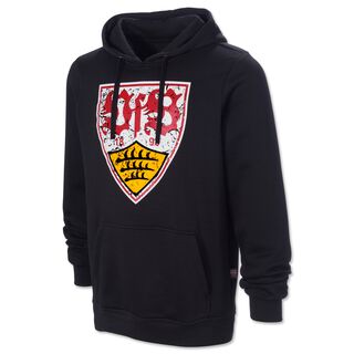schwarzer Hoodie mit Kängurutaschen und mit großem VfB Wappen im Used Look