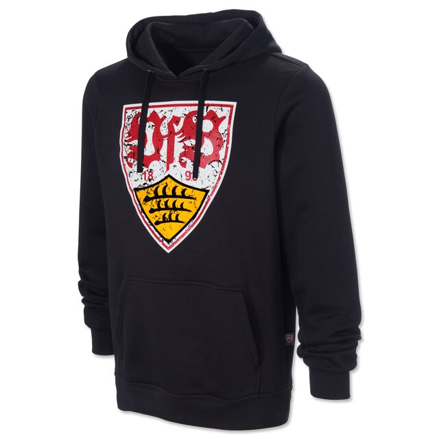 schwarzer Hoodie mit Kängurutaschen und mit großem VfB Wappen im Used Look