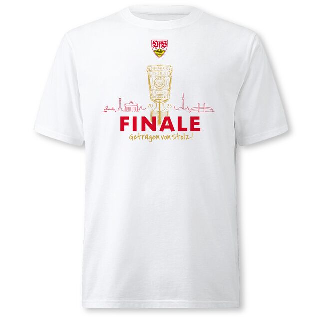 weißes T-Shirt mit VfB Wappen, Grafik des DFB Pokals und der Skyline von Stuttgart mit der Aufschrift Finale Getragen von Stolz 