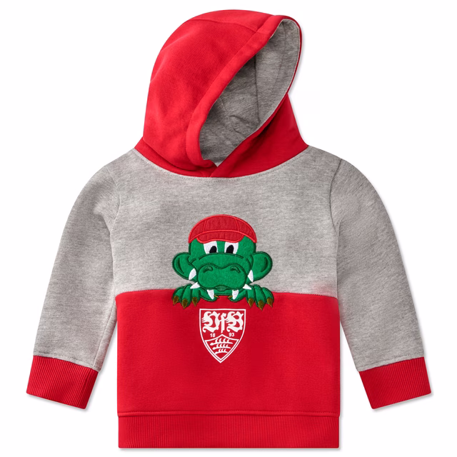 Baby Hoodie in Grau und Rot mit Fritzle auf der Vorderseite