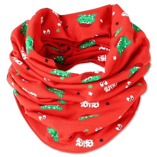 rotes Tuch mit vielen kleinen Abbildungen von Fritzle, Sternen und dem VfB Logo