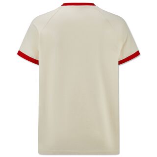 weiße Rückseite des VfB T-Shirts Ringer 70s Kollektion mit roten Rändern an Ärmeln und Kragen